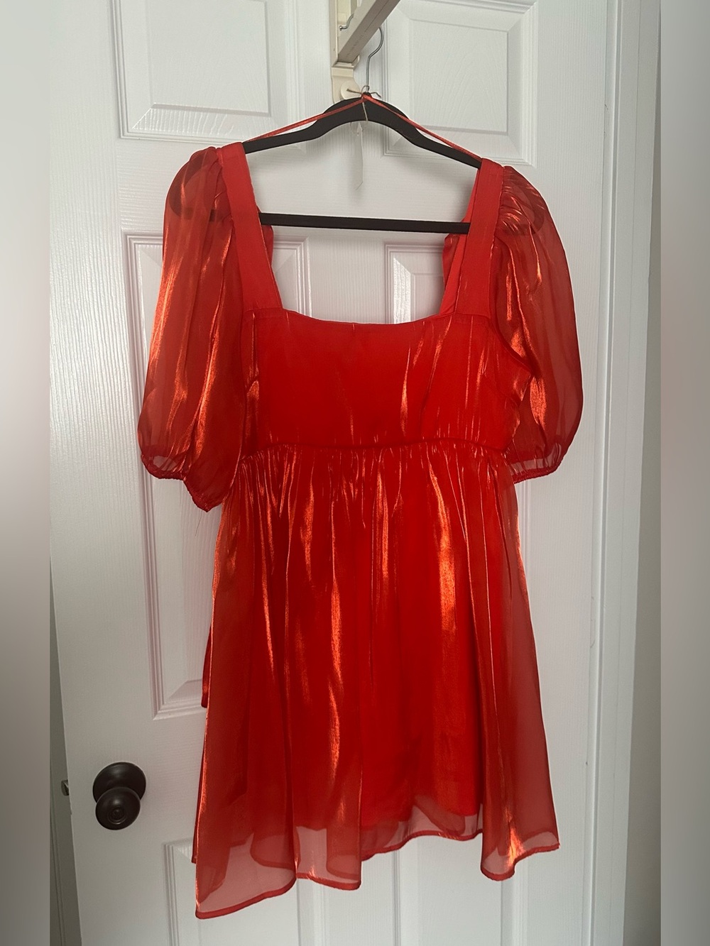 Bright Red/Orange Organza Babydoll Mini Dress with Puff Sleeves NWT